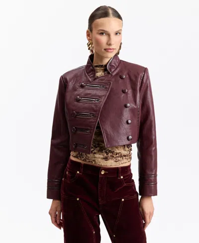 Avec Les Filles Women's Double-breasted Military-style Cropped Faux Leather Jacket In Burgundy
