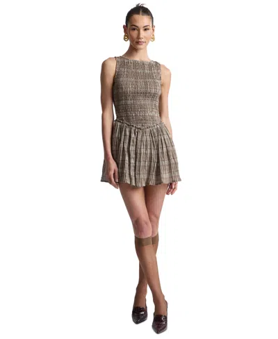 Avec Les Filles Women's Drop-waist Sleeveless Mini Dress In Tan Plaid
