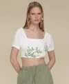 Avec Les Filles Womens Embroidered Cotton Crop Top Crochet Trim Soft Utility Jogger Pants In White