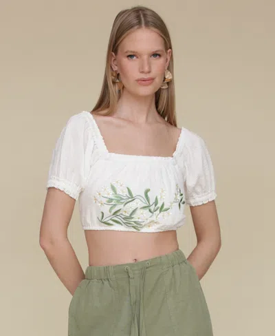 Avec Les Filles Womens Embroidered Cotton Crop Top Crochet Trim Soft Utility Jogger Pants In White