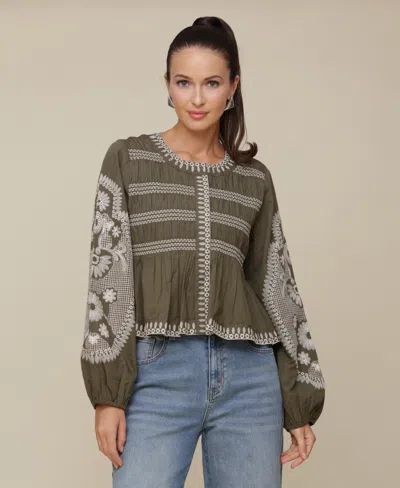Avec Les Filles Women's Embroidered Cotton Peplum Jacket In Sage,cream