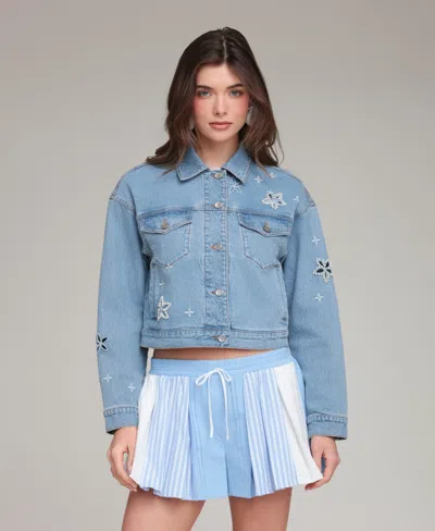 Avec Les Filles Women's Embroidered Detail Collared Denim Jacket In Blue