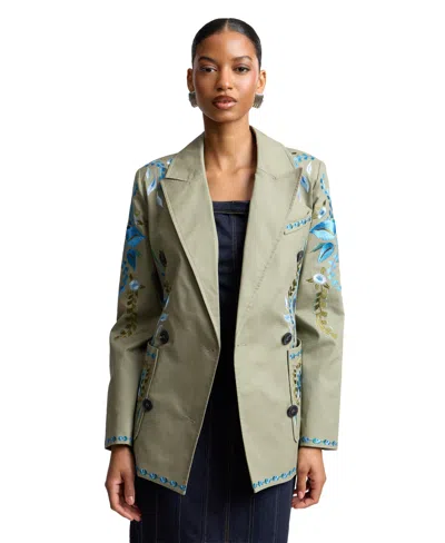Avec Les Filles Women's Embroidered Double-breasted Blazer In Green