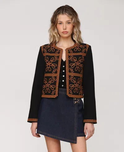 Avec Les Filles Women's Embroidered Jewel Neck Jacket In Black