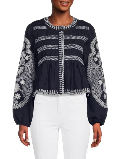 Avec Les Filles Women's Embroidered Puff Sleeve Jacket In Navy Cream