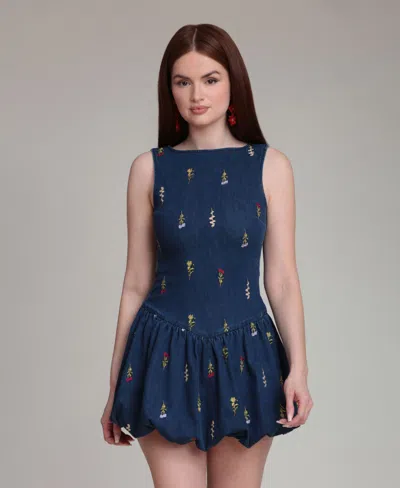 Avec Les Filles Women's Embroidered Scoop-neck Mini Dress In Blue