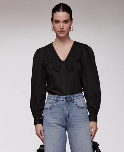 Avec Les Filles Women's Embroidered Woven V-neck Top In Black