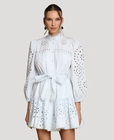 Avec Les Filles Eyelet Tie Belt Long Sleeve Mini Shirtdress In White