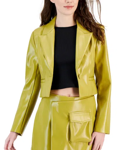 Avec Les Filles Women's Faux Leather Cropped One-button Blazer In Warm Green