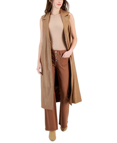 Avec Les Filles Women's Faux Leather Sleeveless Midi Trench Coat In Fawn