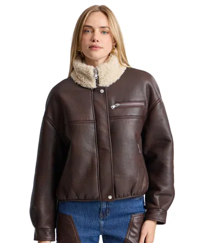 Avec Les Filles Women's Faux Shearling Oversized-fit Bomber Jacket In Espresso,cream