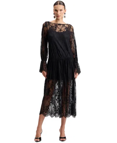 Avec Les Filles Women's Floral Drop-waist Lace Midi Dress In Black