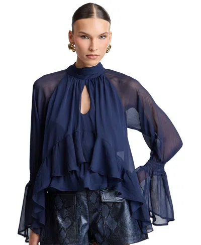 Avec Les Filles Women's Floral High-neck Puff-sleeve Top In Navy