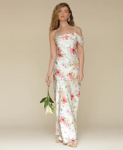 Avec Les Filles Floral Print Asymmetric Satin Maxi Dress In Cream Flower Press