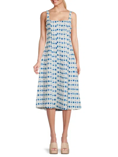 Avec Les Filles Women's Geometric Linen Blend Midi Dress In White Blue