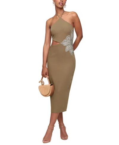 Avec Les Filles Women's Halter-neck Floral Applique Dress In Olive