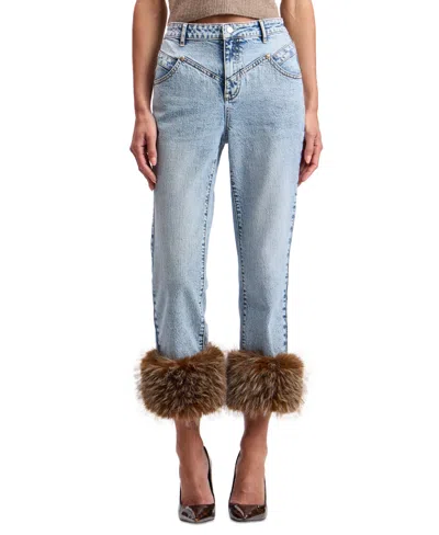 Avec Les Filles Women's High-rise Faux Fur Hem Straight-leg Jeans In Blue