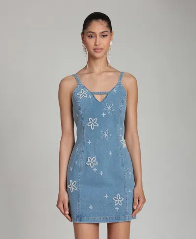 Avec Les Filles Faux Pearl Floral Detail Denim Dress In Blue