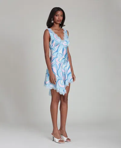 Avec Les Filles Lace Trim Bias Cut Satin Minidress In Blue