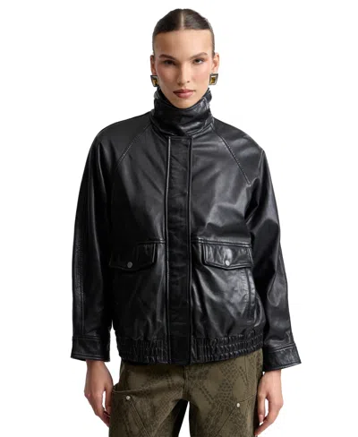 Avec Les Filles Women's Leather Bomber Coat In Black