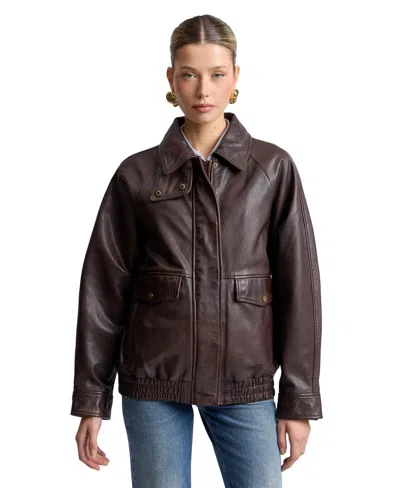Avec Les Filles Women's Leather Bomber Coat In Pecan