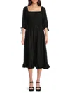 Avec Les Filles Ruched Bodice Linen Blend Midi Dress In Black