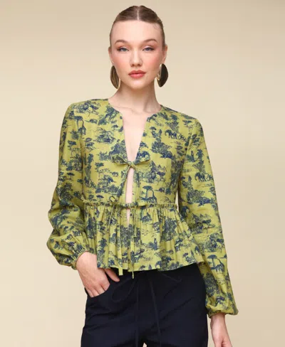 Avec Les Filles Women's Linen-blend Tie-front Blouse In Savanna Toile,olive,navy