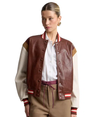 Avec Les Filles Faux Leather Varsity Bomber Jacket In Brown