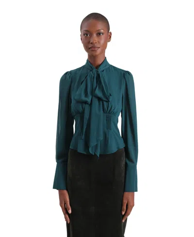 Avec Les Filles Women's Long Puff-sleeve Scarf Neck Top In Teal