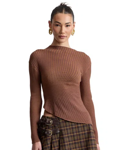 Avec Les Filles Women's Long-sleeve Radial Rib Sweater In Cognac Multi