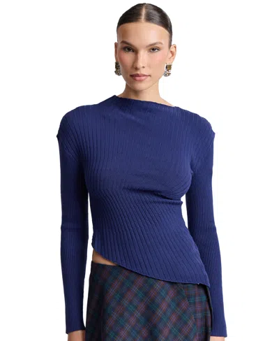 Avec Les Filles Women's Long-sleeve Radial Rib Sweater In Navy