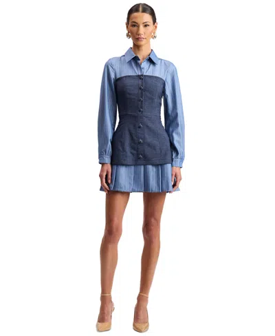 Avec Les Filles Women's Long-sleeve Twofer Collared Mini Dress In Blue