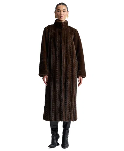 Avec Les Filles Women's Maxi Braided Faux Fur Coat In Cafe Noir