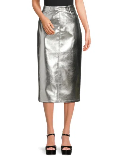 Avec Les Filles Women's Metallic Faux Leather Midi Skirt In Silver