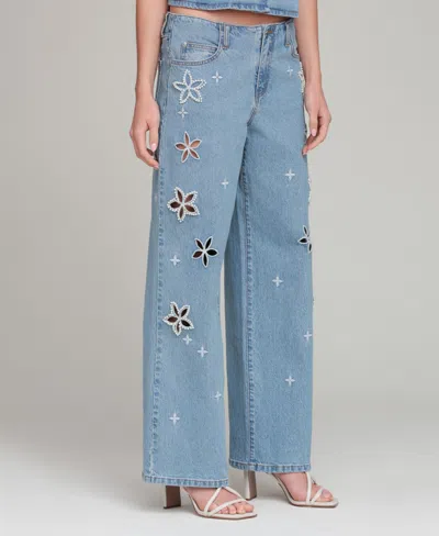 Avec Les Filles Women's Mid-rise Floral Cutout Jeans In Blue