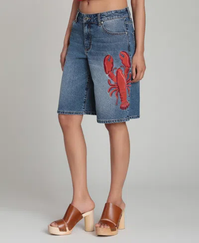 Avec Les Filles Women's Mid-rise Lobster Embroidered Denim Shorts In Blue