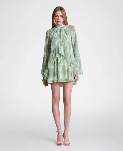 Avec Les Filles Women's Mock Neck Tiered Ruffle Mini Dress In Green