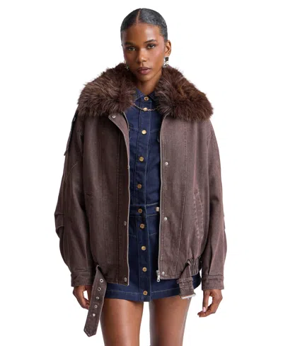 Avec Les Filles Women's Oversized-fit Detachable Faux Fur Collar Bomber Coat In Brown