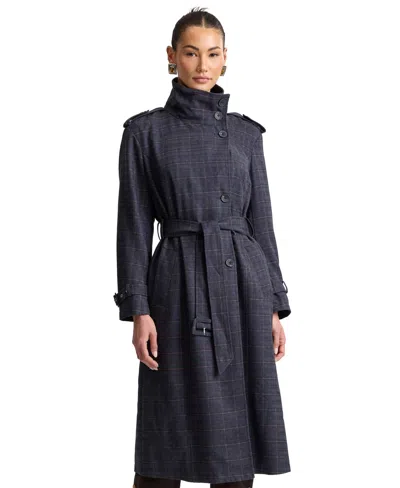 Avec Les Filles Women's Plaid Funnel Neck Belted Trench Coat In Navy Gray Plaid