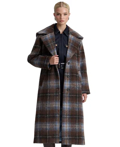 Avec Les Filles Women's Plaid Notch-collar Maxi Coat In Brown Blue Plaid