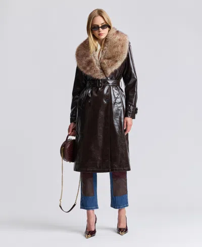 Avec Les Filles Women's Pleather Trench Coat With Fur Collar In Dark Brown