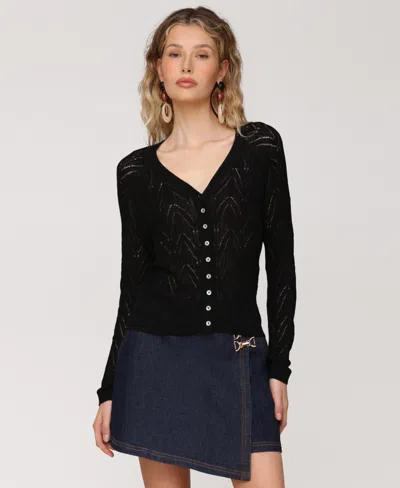 Avec Les Filles Women's Pointelle Knit V-neck Cardigan In Black