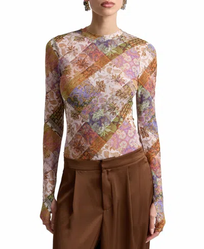 Avec Les Filles Women's Printed Long-sleeve Mesh Top In Animal Print
