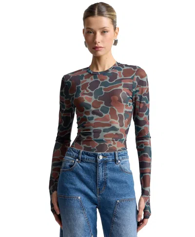 Avec Les Filles Women's Printed Long-sleeve Mesh Top In Multi