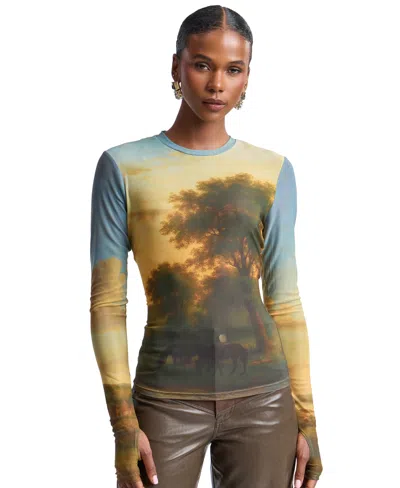Avec Les Filles Women's Printed Long-sleeve Mesh Top In Landscape Mural