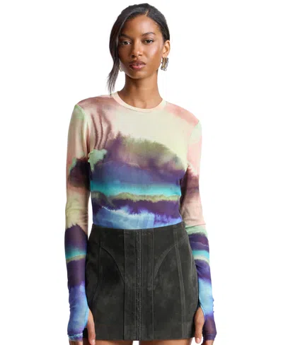 Avec Les Filles Women's Printed Long-sleeve Mesh Top In Watercolor Solstice