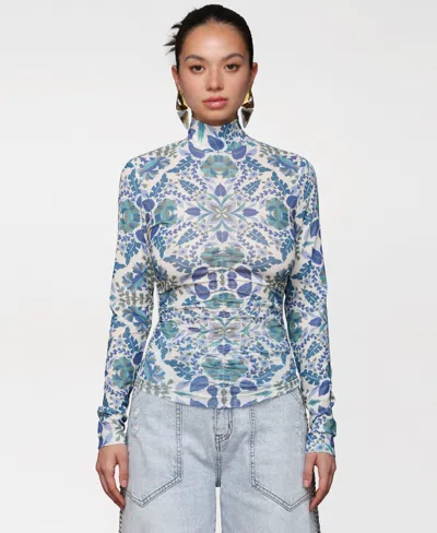 Avec Les Filles Women's Printed Mesh Mock Neck Ruched Top In Blue