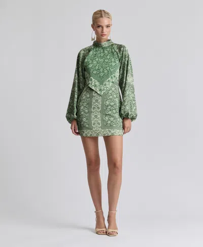 Avec Les Filles Women's Printed Satin High Neck Scarf Mini Dress In Green