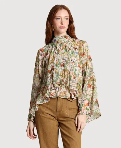 Avec Les Filles Mixed Print Tie Neck Long Sleeve Top In Multi