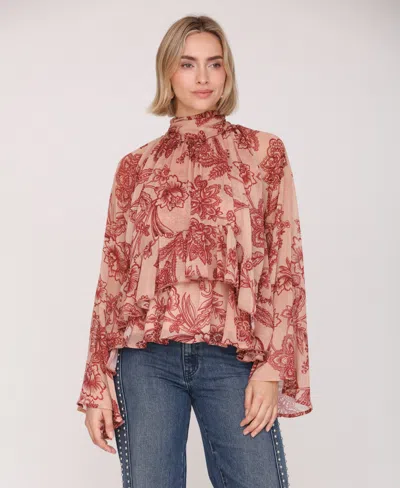 Avec Les Filles Women's Printed Tie Neck Top In Red